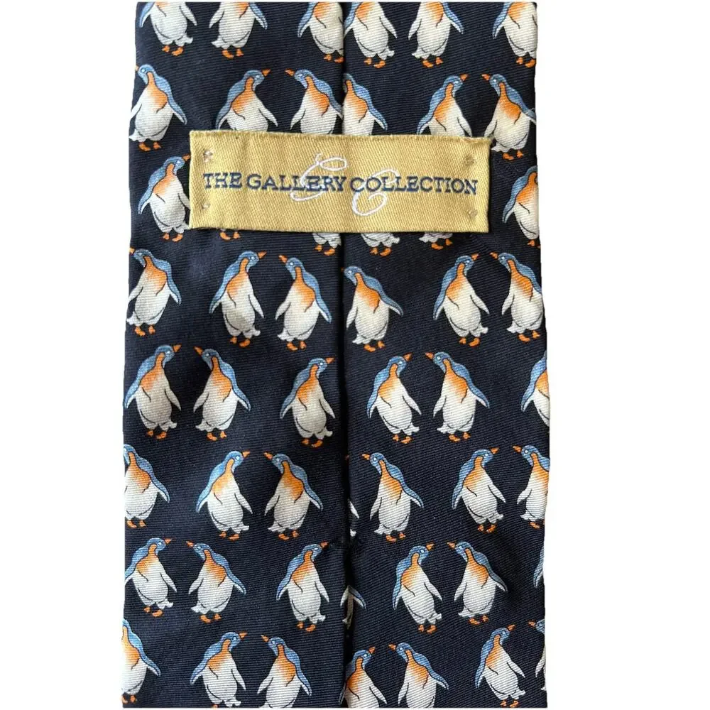 VTG Silk Black necktie penguins Partners Love Retro print gallery collection USA